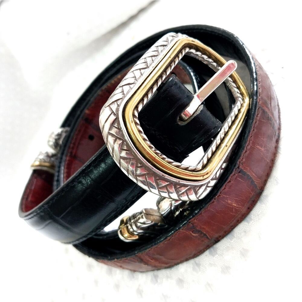 Men's Two-Tone Leather Belt with Decorative Buckle - Black & Brown